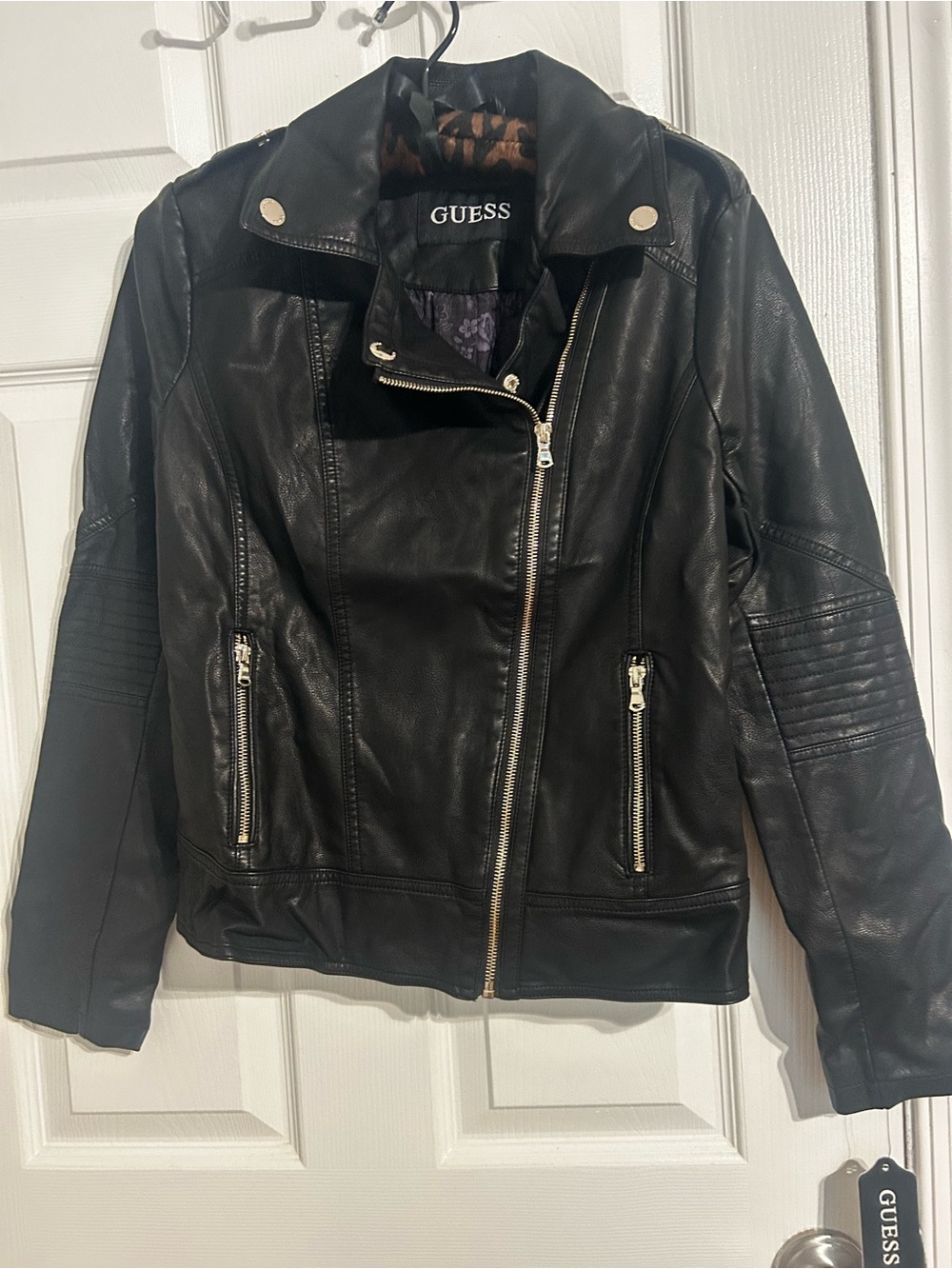 Guess Black Faux Leather Moto Jacket with Silver Hardware